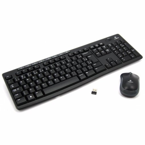 Combo Logitech MK270 con teclado de tamaño completo y mouse inalámbricos, conexión USB mediante nano receptor, teclas multimedia y larga duración de batería para oficina y hogar.