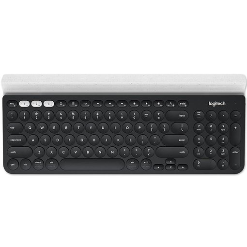 Teclado Logitech K780 color negro con distribución en inglés, conexión Bluetooth y receptor USB Logitech Unifying, compatible con Windows, macOS, ChromeOS, Android e iPadOS, con soporte integrado para múltiples dispositivos.