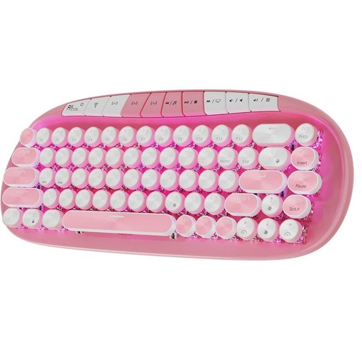 Teclado mecánico RK Royal Kludge RK838 White con switches Pink, diseño retro compacto con teclas redondas, iluminación RGB y combinación de colores blanco y rosa.