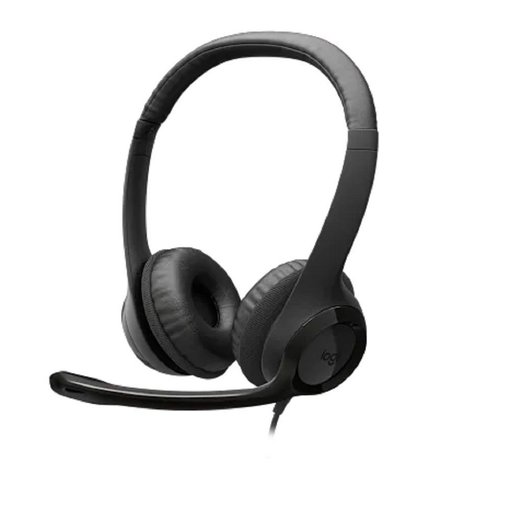 Vincha Logitech H390 color negro con conexión USB-C, micrófono con cancelación de ruido, sonido estéreo y controles integrados para videollamadas, oficina y estudio.