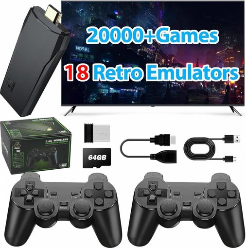 Consola Retro HDMI TV Stick 4K 64GB con 20000 Juegos y 2 Controles Inalámbricos
