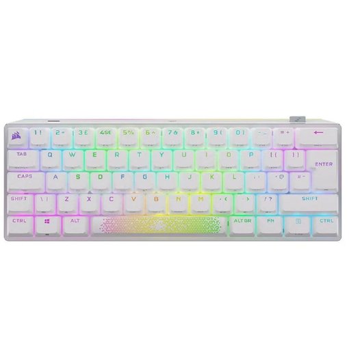 Teclado Corsair K70 PRO MINI RGB color blanco con conexión inalámbrica SLIPSTREAM y Bluetooth, formato 60%, switches mecánicos intercambiables e iluminación RGB personalizable para gaming.