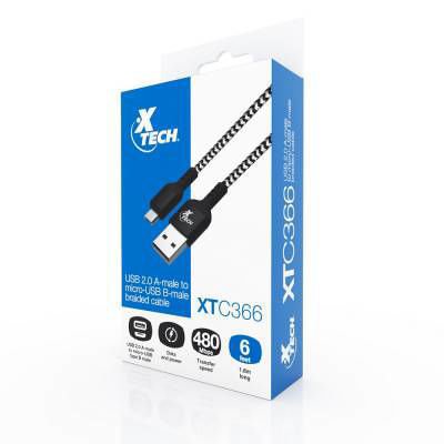 Cable XTECH XTC-366 USB 2.0 Tipo A a Micro USB Tipo B de 1.8 metros trenzado para carga rápida y transferencia de datos en celulares Android, tablets, cámaras y dispositivos Micro USB
