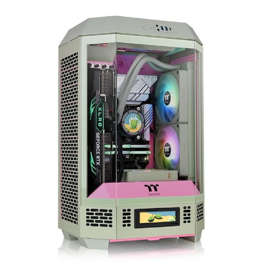 Gabinete Thermaltake The Tower 300 Matcha Plum Micro ATX Mini Tower vertical con paneles de vidrio templado y diseño compacto para PC gamer.