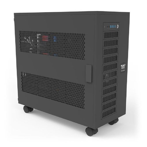 Gabinete Thermaltake AX700 Super Tower negro con amplio espacio para componentes de alto rendimiento y sistemas avanzados de refrigeración.