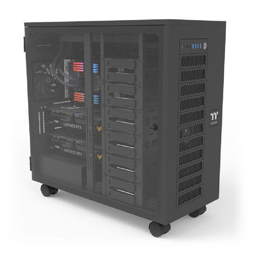 Gabinete Thermaltake AX700 TG Super Tower negro con panel de vidrio templado, amplio espacio interno y soporte para refrigeración avanzada.