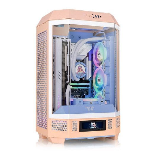 Gabinete Thermaltake The Tower 300 Peach Fuzz Micro ATX Mini Tower vertical color durazno con paneles de vidrio templado y diseño compacto para PC gamer.