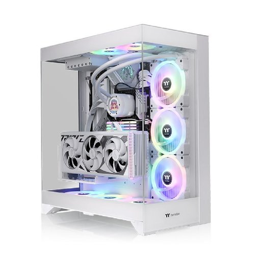 Gabinete Thermaltake CTE E550 TG Snow ATX Mid Tower blanco con panel de vidrio templado y diseño optimizado para flujo de aire.