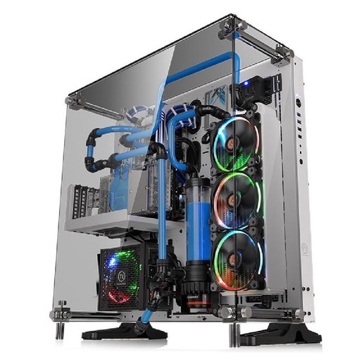 Gabinete Thermaltake Core P5 TG Snow ATX Open Frame blanco con panel de vidrio templado y diseño abierto para configuraciones gamer personalizadas.