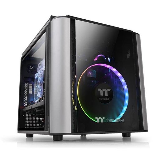 Gabinete Thermaltake Level 20 VT Micro ATX Cube negro con paneles de vidrio templado y diseño compacto para configuraciones gamer personalizadas.