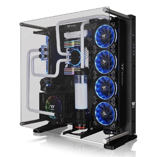 Gabinete Thermaltake Core P5 TG Space Gray ATX Open Frame con panel de vidrio templado y diseño abierto para exhibición de componentes.