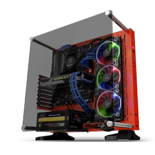 Gabinete Thermaltake Core P3 TG Rojo ATX Open Frame con panel de vidrio templado y diseño abierto para configuraciones gamer personalizadas.