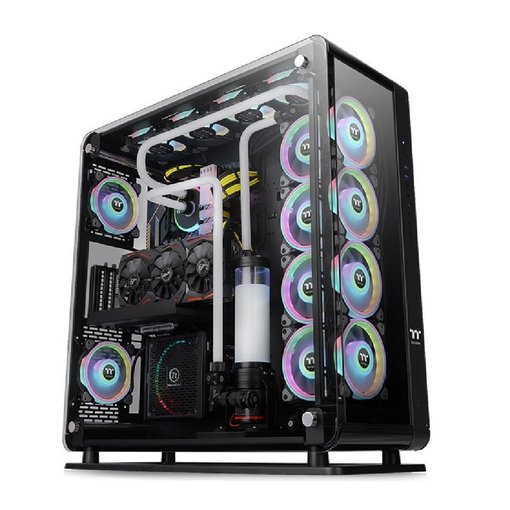Gabinete Thermaltake Core P8 TG E-ATX Full Tower negro con paneles de vidrio templado y diseño modular para configuraciones gamer de alto rendimiento.