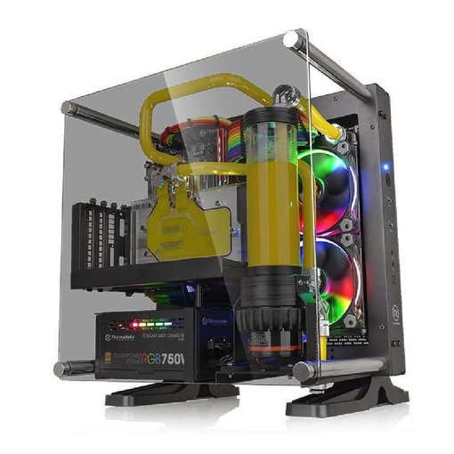 Gabinete Thermaltake Core P1 TG Mini-ITX Open Frame negro con panel de vidrio templado y diseño abierto para exhibición de hardware.