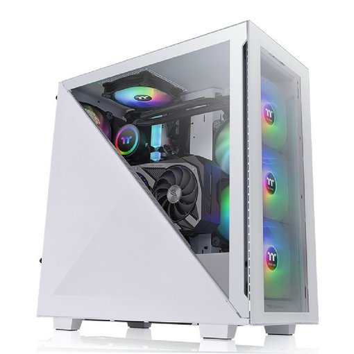 Gabinete Thermaltake Divider 300 TG ARGB Snow ATX Mid Tower blanco con panel de vidrio templado, iluminación ARGB y diseño optimizado para flujo de aire.