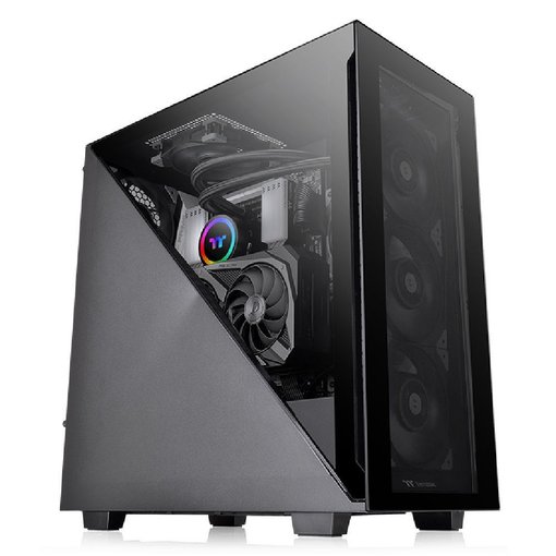 Gabinete Thermaltake Divider 300 TG ATX Mid Tower negro con panel de vidrio templado y diseño moderno optimizado para refrigeración y componentes gamer.