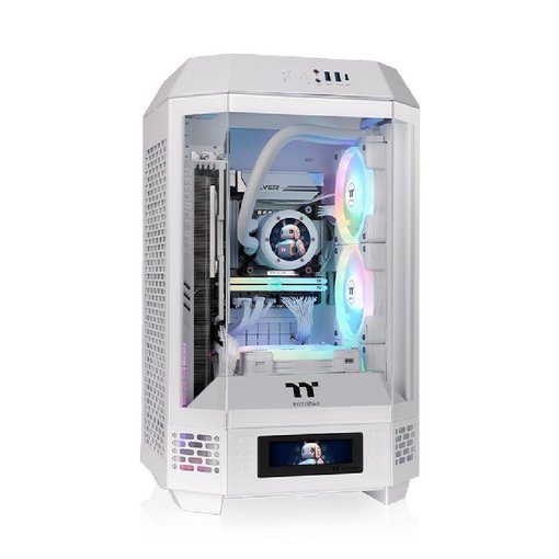Gabinete Thermaltake The Tower 250 Snow Mini-ITX Mini Tower vertical blanco con paneles de vidrio templado y diseño compacto para PC gamer.