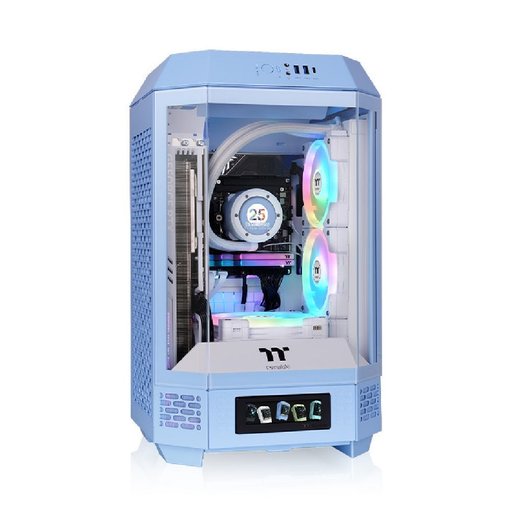 Gabinete Thermaltake The Tower 250 Hydrangea Blue Mini-ITX Mini Tower vertical azul con paneles de vidrio templado y diseño compacto para PC gamer.