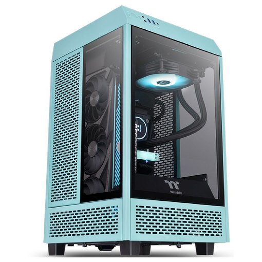 Gabinete Thermaltake The Tower 100 Turquesa Mini-ITX Mini Tower vertical con paneles de vidrio templado y diseño compacto para PC gamer.