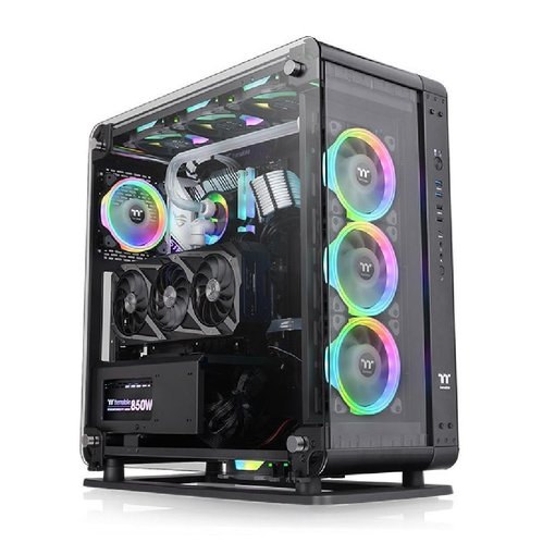 Gabinete Thermaltake Core P6 TG Black E-ATX Full Tower con paneles de vidrio templado y diseño modular abierto para PC gamer de alto rendimiento.