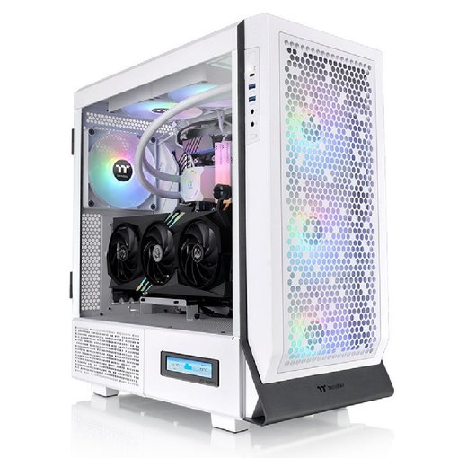 Gabinete Thermaltake H500 TG Snow ATX Mid Tower blanco con panel de vidrio templado, diseño elegante y excelente flujo de aire para PC gamer.