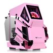 abinete Thermaltake AH T200 Pink Micro-ATX Mini Tower con paneles de vidrio templado y diseño abierto inspirado en helicópteros.
