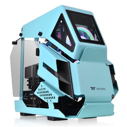 Gabinete Thermaltake AH T200 Turquesa Micro-ATX Mini Tower con paneles de vidrio templado y diseño abierto inspirado en helicópteros.
