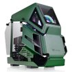 Gabinete Thermaltake The Tower 200 Green Mini-ITX con paneles de vidrio templado y diseño vertical de alto flujo de aire.