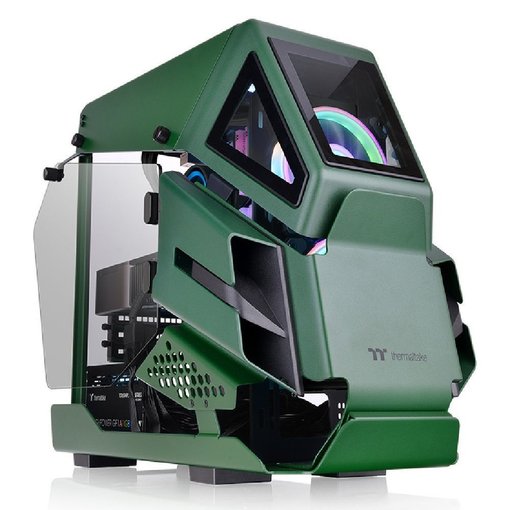 Gabinete Thermaltake The Tower 200 Green Mini-ITX con paneles de vidrio templado y diseño vertical de alto flujo de aire.