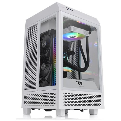Gabinete Thermaltake The Tower 100 Snow Mini-ITX Mini Tower vertical blanco con paneles de vidrio templado y diseño compacto para PC gamer.