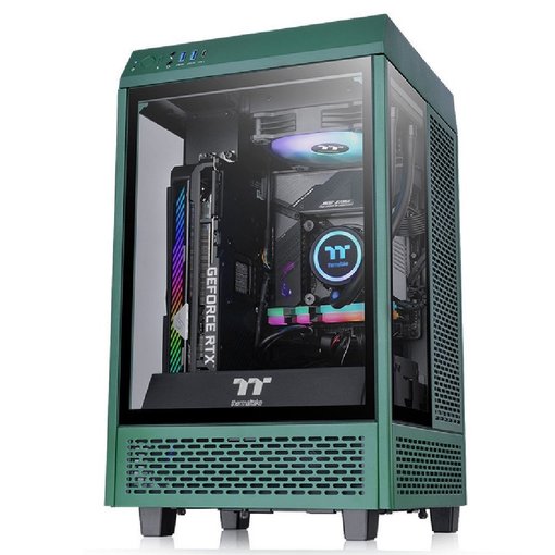 Gabinete Thermaltake The Tower 100 Racing Green Mini-ITX Mini Tower vertical verde con paneles de vidrio templado y diseño compacto para PC gamer.