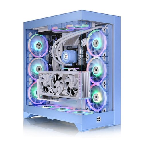 Gabinete Thermaltake CTE E600 MX Hydrangea Blue E-ATX Mid Tower azul con panel de vidrio templado y diseño de alto flujo de aire para PC de alto rendimiento.