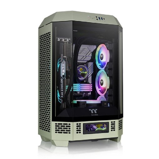 Gabinete Thermaltake The Tower 300 Matcha Green Micro-ATX Mini Tower vertical verde con paneles de vidrio templado y diseño compacto para PC gamer.