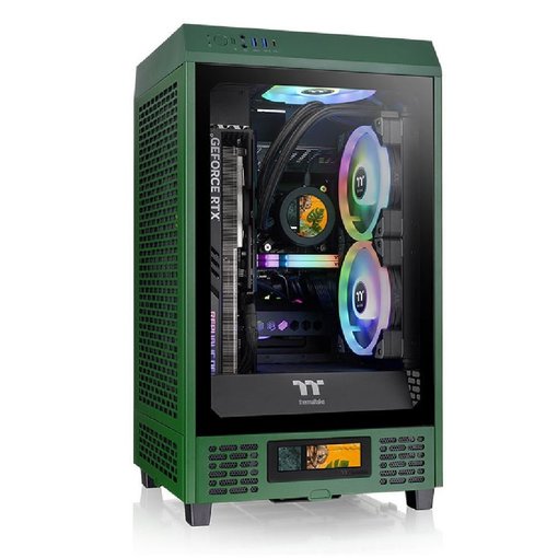 Gabinete Thermaltake The Tower 200 Racing Green Mini-ITX Mini Tower vertical verde con paneles de vidrio templado y diseño compacto para PC gamer.