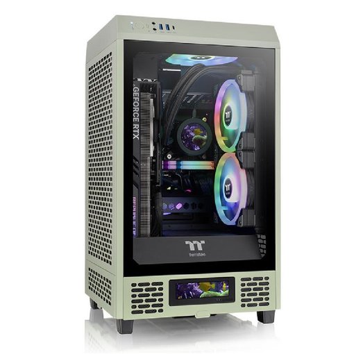 Gabinete Thermaltake The Tower 200 Matcha Green Mini-ITX Mini Tower vertical verde con paneles de vidrio templado y diseño compacto para PC gamer.