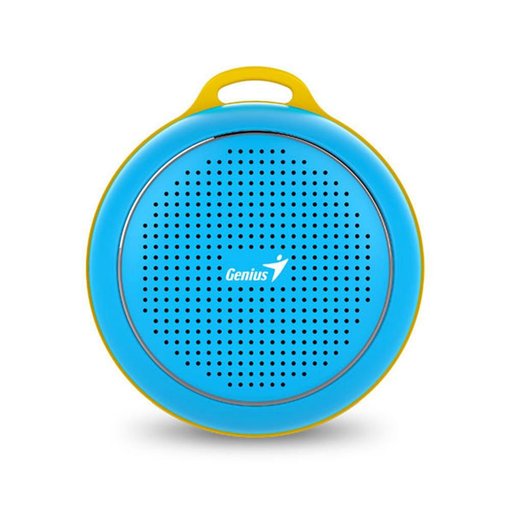 Parlante Bluetooth portátil Genius SP-906BT color celeste con batería recargable.