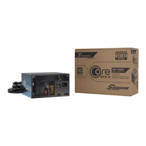 Fuente de alimentación Seasonic Core BC de 850W con certificación 80 Plus Bronze, estándar ATX 3.1 y compatibilidad PCIe 5.1 para computadoras gamer y equipos de alto rendimiento.