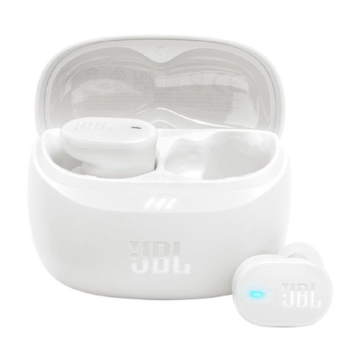 Auricular inalámbrico JBL Tune Buds 2 White con sonido JBL Pure Bass, cancelación activa de ruido, conexión Bluetooth y micrófonos integrados para llamadas claras.