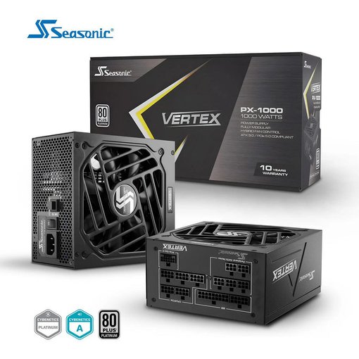 Fuente de alimentación Seasonic Vertex PX-1000 de 1000W con certificación 80 Plus Platinum, estándar ATX 3.1 y compatibilidad PCIe 5.1 para computadoras de alto rendimiento.