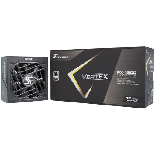 Fuente de alimentación Seasonic Vertex PX-1200 de 1200W con certificación 80 Plus Platinum, estándar ATX 3.1, compatibilidad PCIe 5.1 y diseño totalmente modular para computadoras de alto rendimiento.