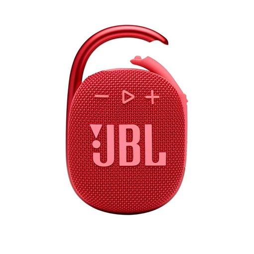 Parlante portátil JBL Clip 4 BT Red con conexión Bluetooth, sonido JBL potente, mosquetón integrado y resistencia al agua y polvo para llevar música a cualquier lugar. Nombre del archivo (SEO): parlante-jbl-clip-4-bt-red-bluetooth.webp Title (atributo title): JBL Clip 4 BT Red - Parlante Portátil Bluetooth JBL