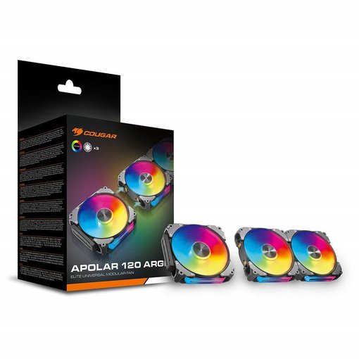 Kit de 3 ventiladores COUGAR APOLAR 120 ARGB Black de 120 mm con control PWM, iluminación ARGB, rodamientos HDB y tecnología Q-Stop para refrigeración de gabinetes.