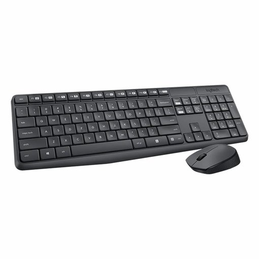 Combo Logitech MK235 modelo 920-007901, incluye teclado y mouse inalámbricos de diseño compacto y resistente, ideal para oficina y uso diario.