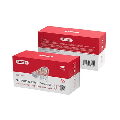 Conector RJ45 Cat5e Unitek — pack de 100 piezas, modular transparente, contactos chapados en oro, ideal para cables de red Ethernet
