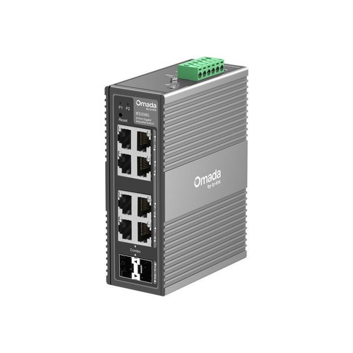 Switch TP-Link IES208G — switch industrial de 8 puertos Gigabit, carcasa metálica, montaje en riel DIN y protección avanzada