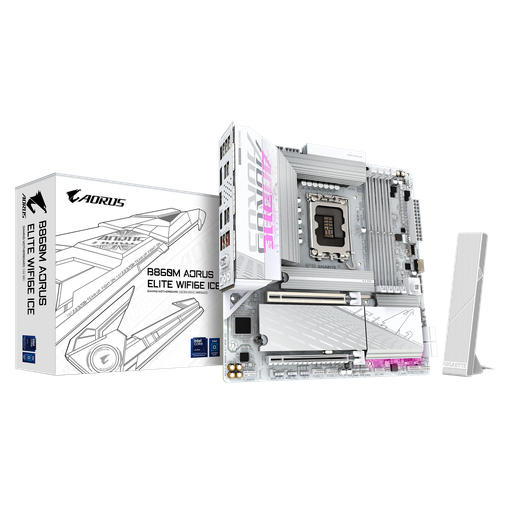Imagen de MOTHERBOARD GIGABYTE B860M AORUS ELITE WIFI6E ICE LGA1851 DDR5 9200MT/S PCIE 5.0 WIFI 6E 2.5GBE WHITE M-ATX