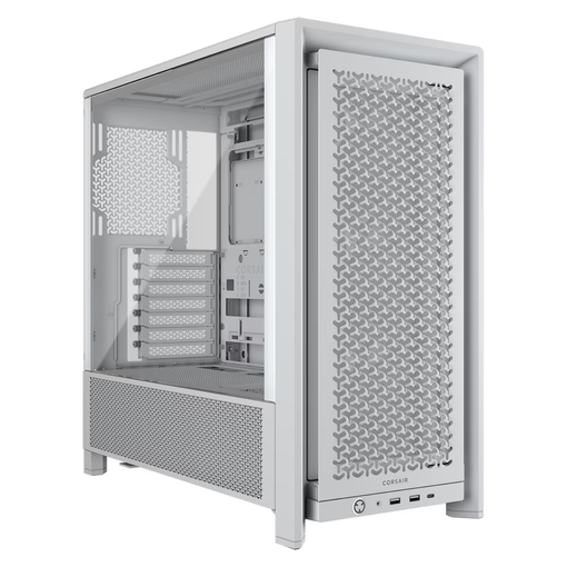 Gabinete CORSAIR FRAME 4000D RS blanco con panel lateral de vidrio templado y frontal de alto flujo de aire