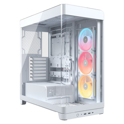 Gabinete CORSAIR FRAME 4500X LX-R RGB blanco con vidrio panorámico curvado y tres ventiladores RGB de rotor inverso