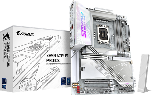 Motherboard Gigabyte Z890 AORUS PRO ICE blanca con socket LGA1851 y memoria DDR5.