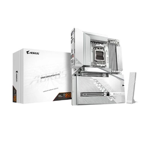 Motherboard GIGABYTE B850 A STEALTH ICE blanca ATX con socket AMD AM5 y soporte DDR5.